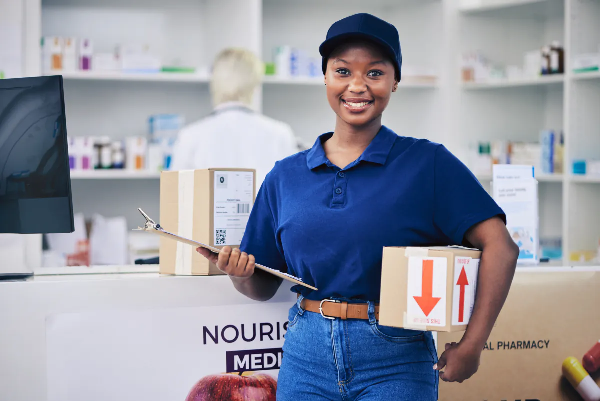 Black medical courier holding a sealed package and clipboard